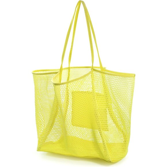 Women's Yellow Mesh Beach Nylon & Polyester No-closure Tote Shoulder Handbag - Picture 2 of 6